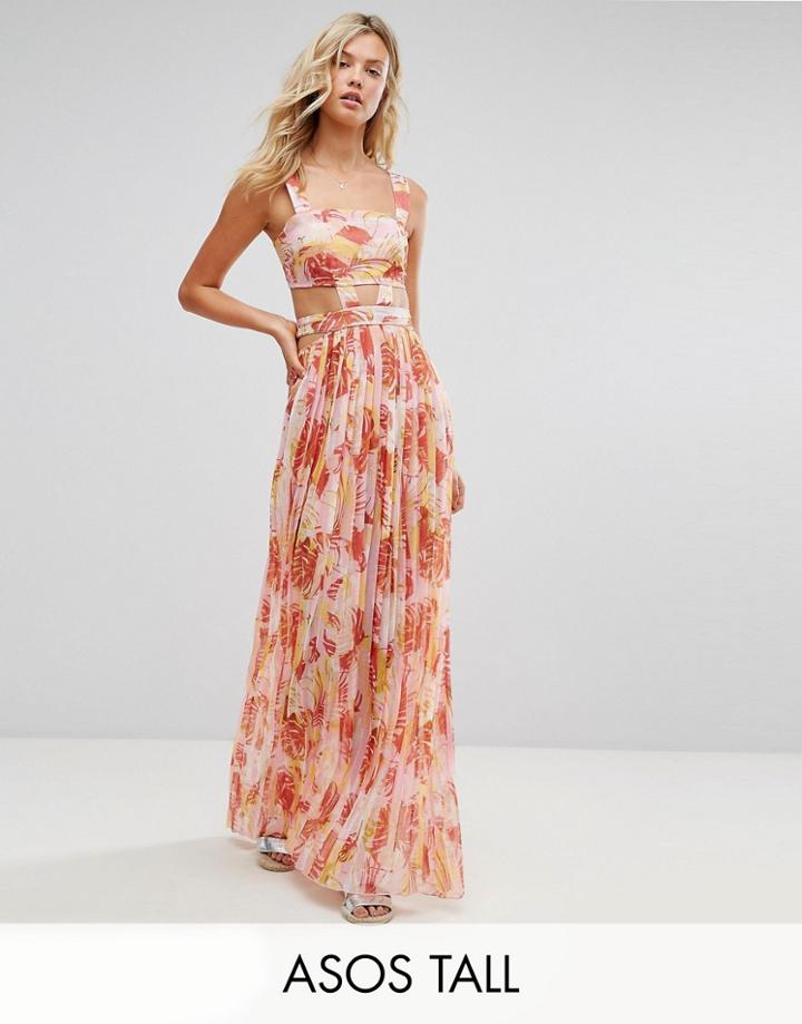 Asos Tall Beach Cut Out Chiffon Dress In Pink Palm Print - Multi