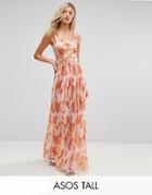 Asos Tall Beach Cut Out Chiffon Dress In Pink Palm Print - Multi
