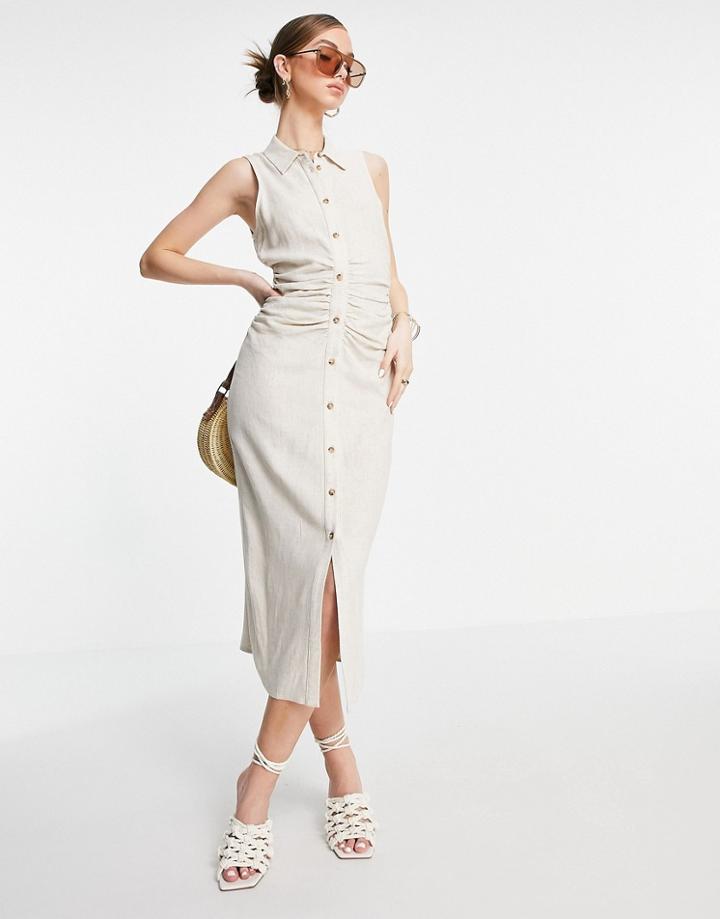 Asos Design Sleeveless Midi Shirt Dress With Ruching In Stone-neutral