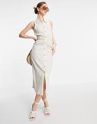 Asos Design Sleeveless Midi Shirt Dress With Ruching In Stone-neutral