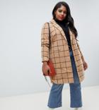 New Look Curve Coat With Grid Check In Camel - Stone