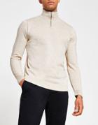 River Island Half Zip Slim Fit Sweater In Stone-neutral