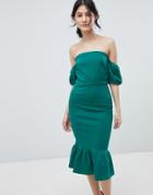 True Violet Bardot Midi Dress With Puff Sleeve And Peplum - Green