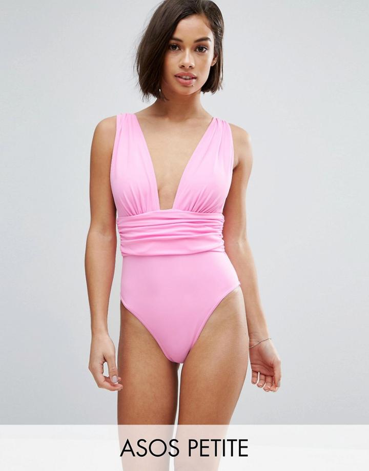Asos Petite Gathered Waist Band Swimsuit - Pink