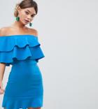 Silver Bloom Frill Front Bardot Mini Dress - Blue
