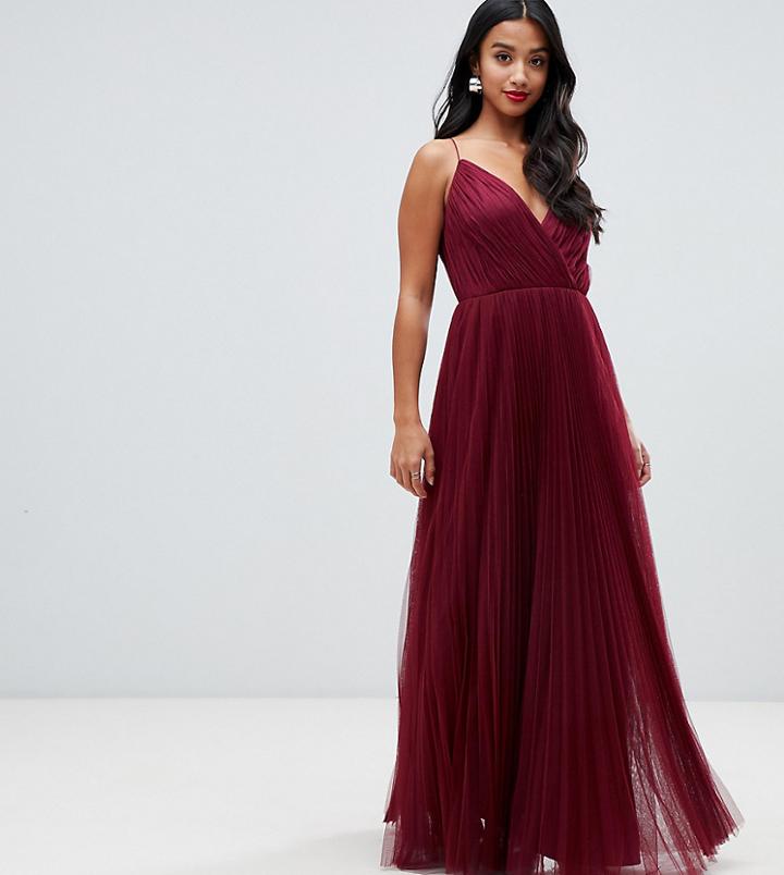 Asos Design Petite Cami Pleated Tulle Maxi Dress-purple