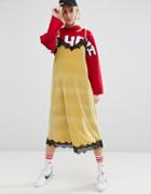 Stylenanda Velvet Cami Midi Dress With Contrast Lace - Yellow