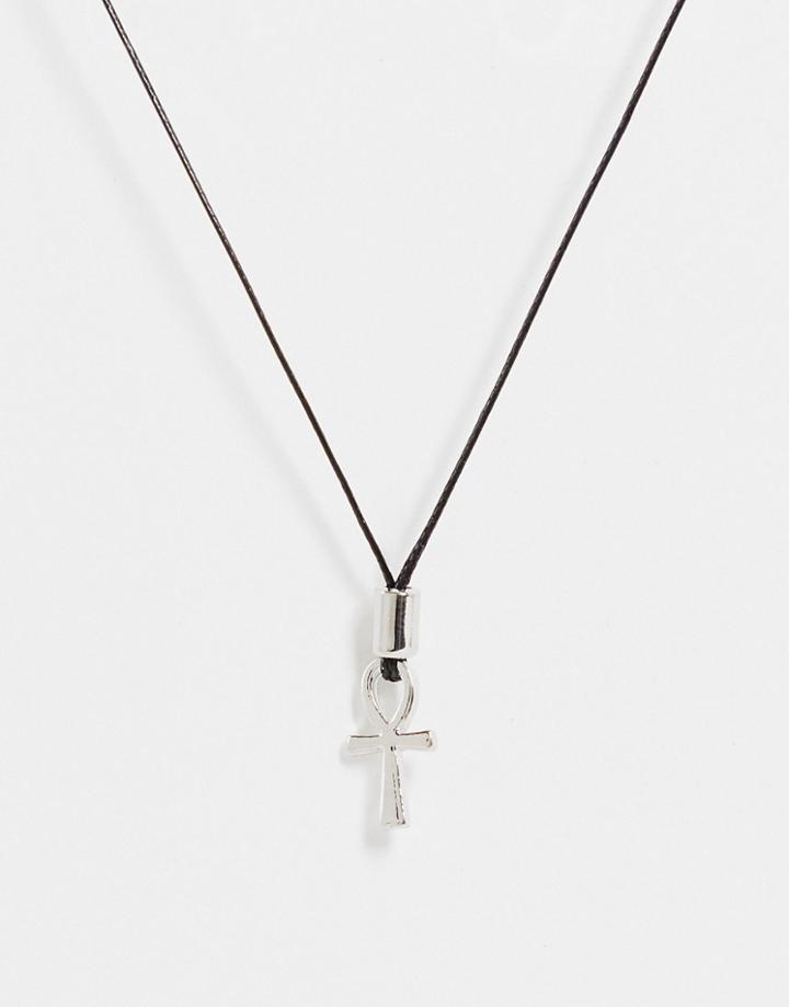 Asos Design Skinny Cord Neckchain With Ankh Pendant In Silver Tone