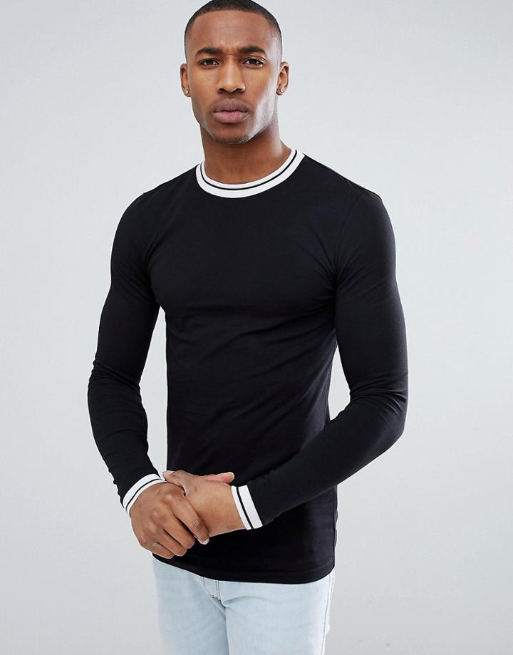 Asos Design Muscle Fit Long Sleeve T-shirt With Contrast Tipping - Multi