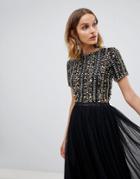 Lace & Beads Embellished Crop Top In Multi Black Sequin - Black
