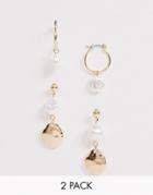 New Look 2 Pack Faux Pearl Mini Hoop And Disc Earrings In Gold