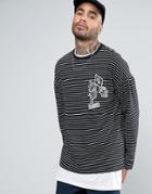 Asos Stripe Longline Long Sleeve T-shirt With Badge Applique - Black