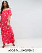 Asos Tall Off Shoulder Maxi Dress In Floral Print - Multi