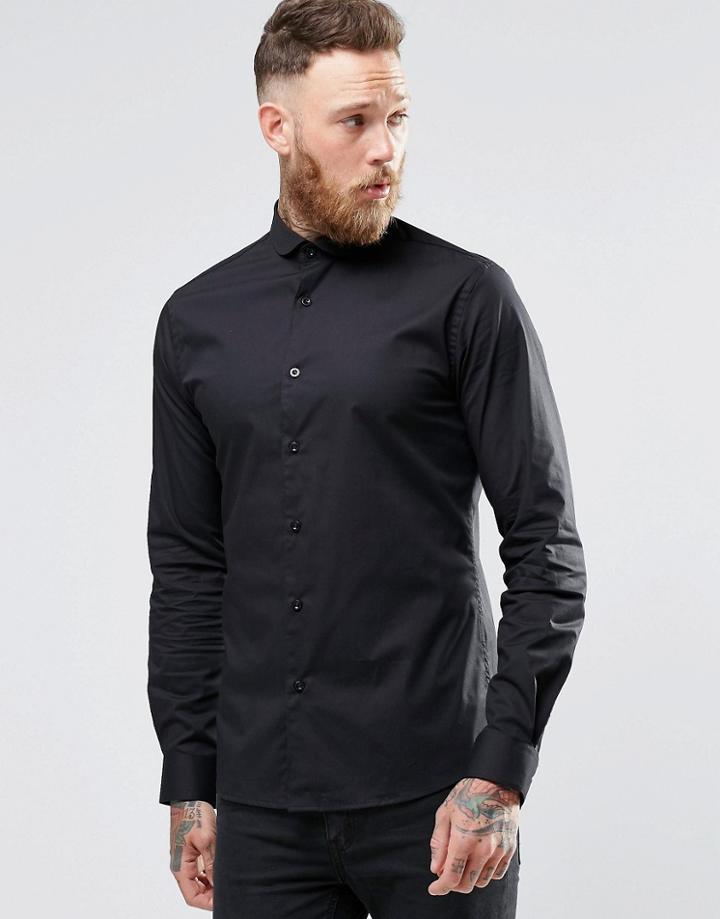 Noose & Monkey Skinny Shirt With Curve Collar With Stretch - Black