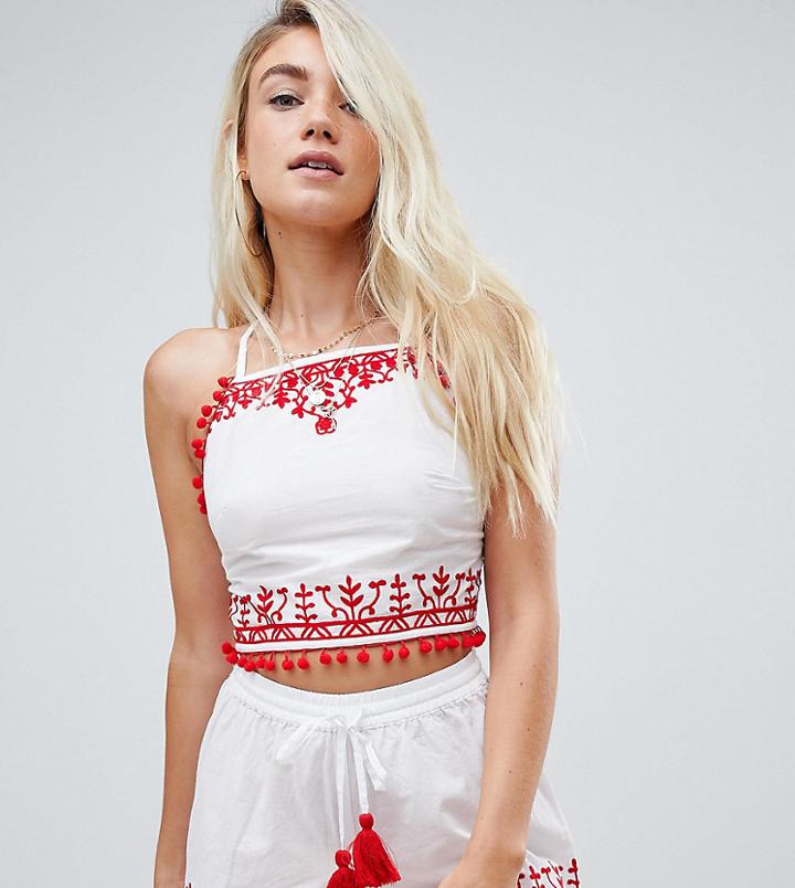 Boohoo Embroidered Halterneck Pom Trim Beach Top - White