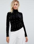 Fashion Union High Neck Top In Velvet With Pearl Embellishment - Black