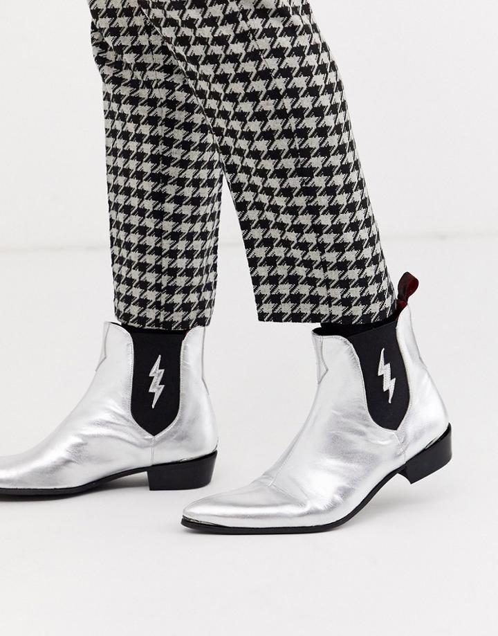 Jeffery West Adamant Chelsea Boot With Lightning Bolt In Silver Leather