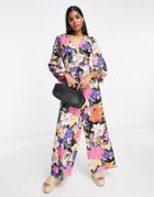 Glamorous V-neck Button Front Jumpsuit In Bright Retro Floral-multi