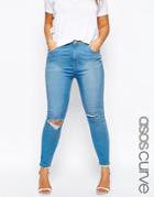 Asos Curve Ridley Skinny Jean In Orchid Blue Wash With Rips - Blue