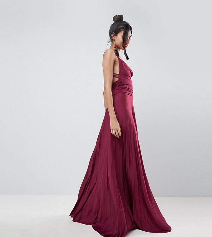 Asos Tall Pleated Maxi Dress With Cowl Neck & Strappy Detail - Purple