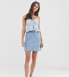 Asos Design Tall Denim Button Through Mini Skirt With Skinny Belt In Pretty Blue