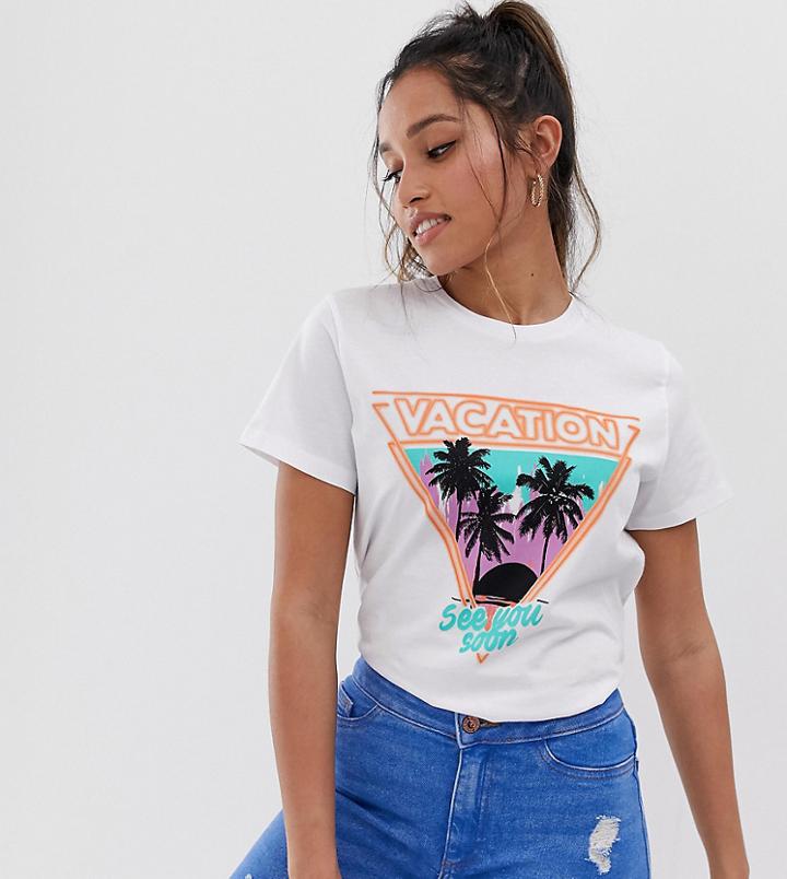 Asos Design Petite T-shirt With Retro Vacation Print-white