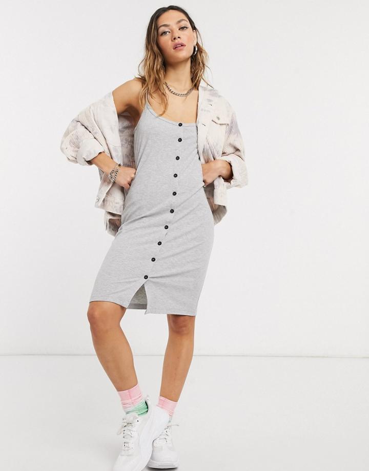 Noisy May Button Through Rib Cami Midi Dress In Gray-grey
