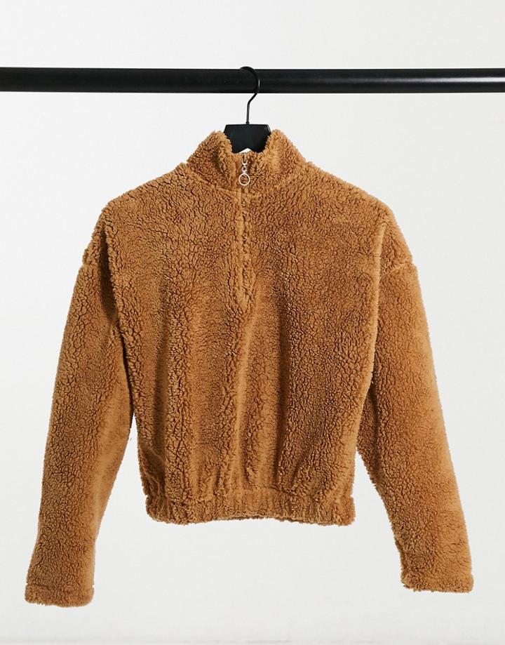 Stradivarius Half Zip Borg Sweatshirt In Camel-neutral