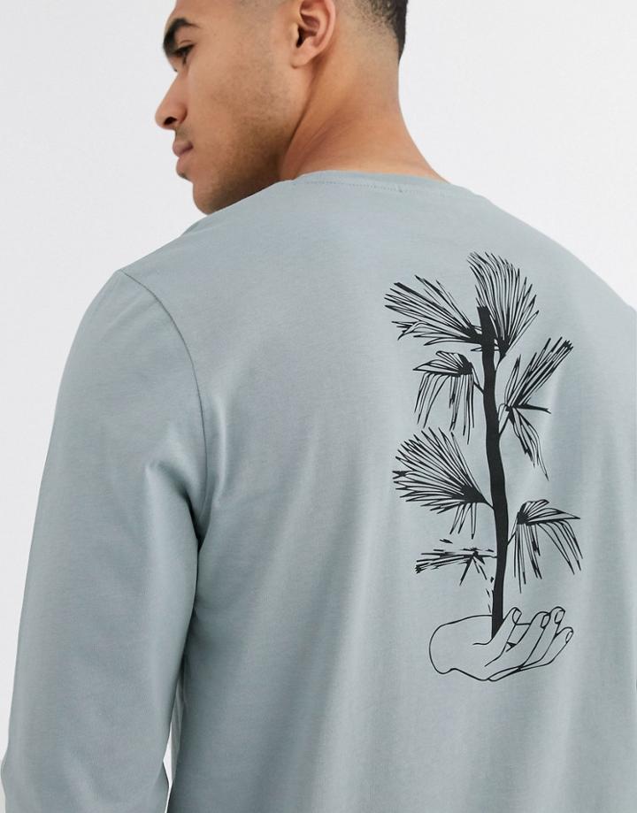 Asos Design Long Sleeve T-shirt With Floral Line Drawing Back Print-gray