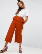 Asos Wide Leg Pants With Ruffle Waist - Red