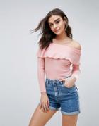 Qed London Off Shoulder Frill Sweater - Pink