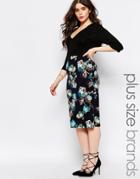 Club L Plus Plunge Midi Dress With Floral Print Skirt - Navy With Printed F