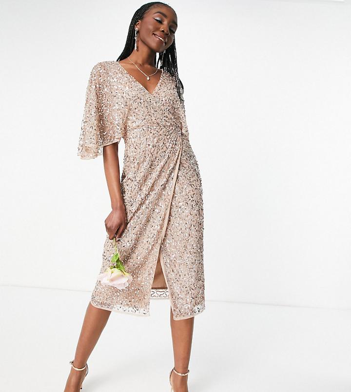 Maya Tall Bridesmaid Delicate Sequin Wrap Midi Pencil Dress In Taupe Blush-pink
