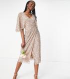 Maya Tall Bridesmaid Delicate Sequin Wrap Midi Pencil Dress In Taupe Blush-pink