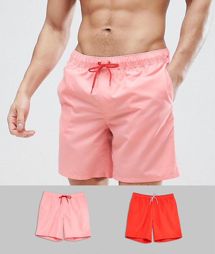 Asos Swim Shorts In Pink & Red Mid Length 2 Pack Save - Multi