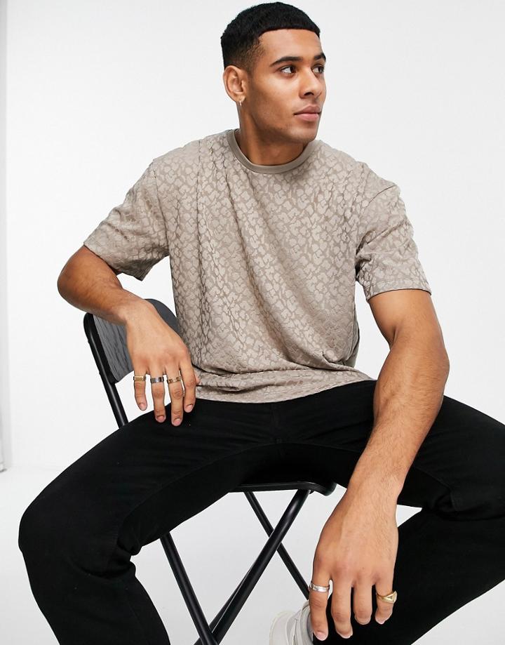 Topman Classic Fit T-shirt With Animal Jacquard In Stone-neutral