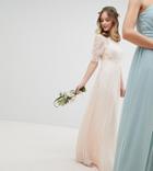 Tfnc Petite Pleated Maxi Bridesmaid Dress With Spot Mesh Frill Detail-pink