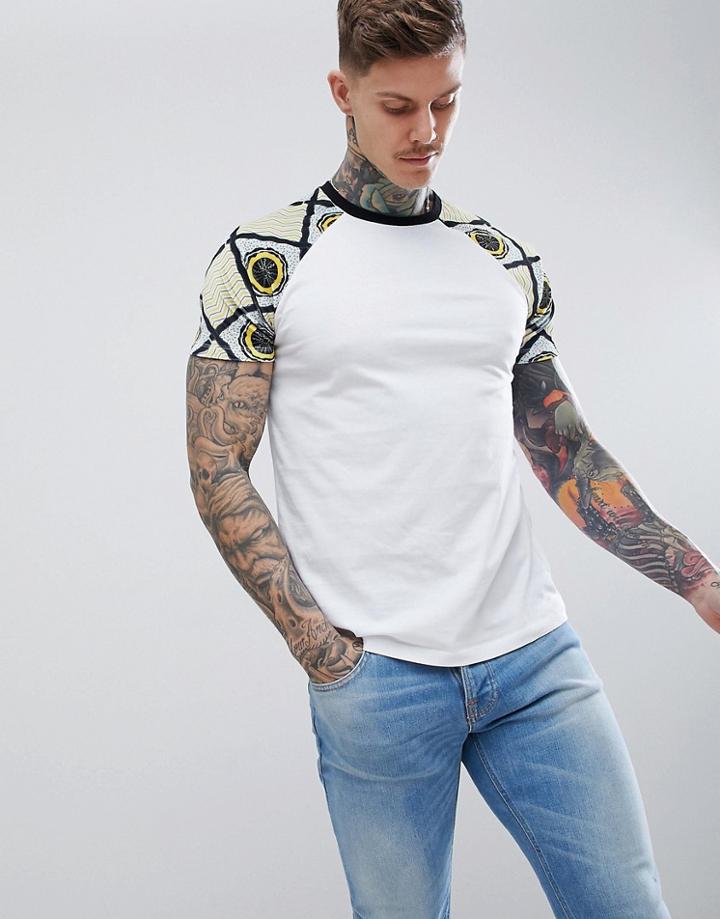 Asos Design Raglan T-shirt With Velour Geo-tribal Printed Sleeves - White