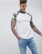 Asos Design Raglan T-shirt With Velour Geo-tribal Printed Sleeves - White