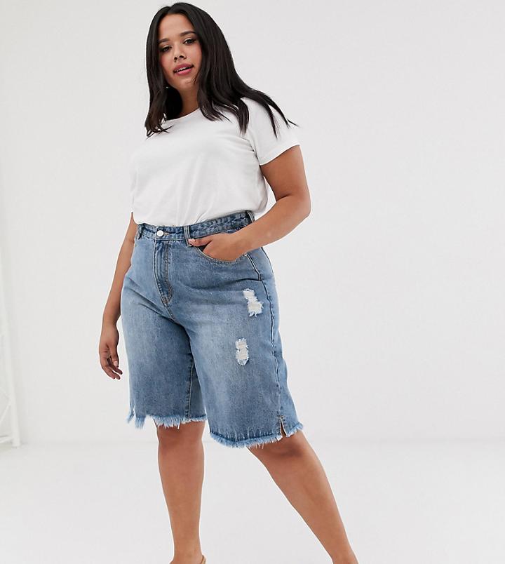 Current Air Plus Long Line Raw Hem Denim Shorts-blue
