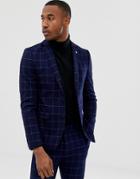 Avail London Skinny Fit Single Breasted Windowpane Suit Jacket In Blue Navy - Navy