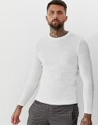 Asos Design Muscle Fit Waffle Textured Sweater In White