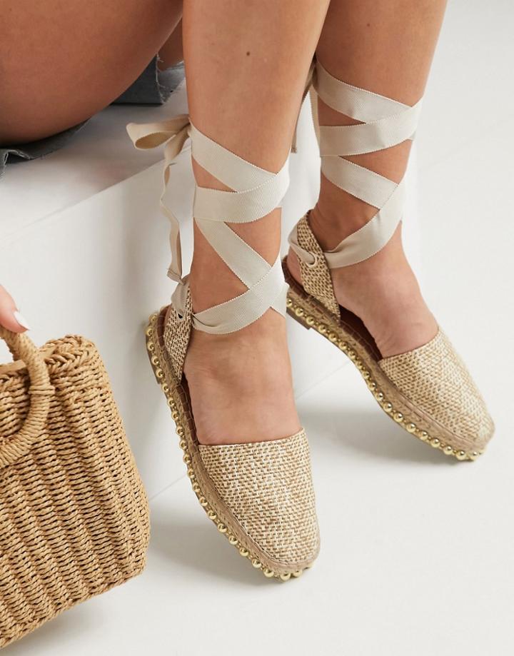Asos Design Jonah Studded Tie Leg Espadrilles In Naturals-neutral
