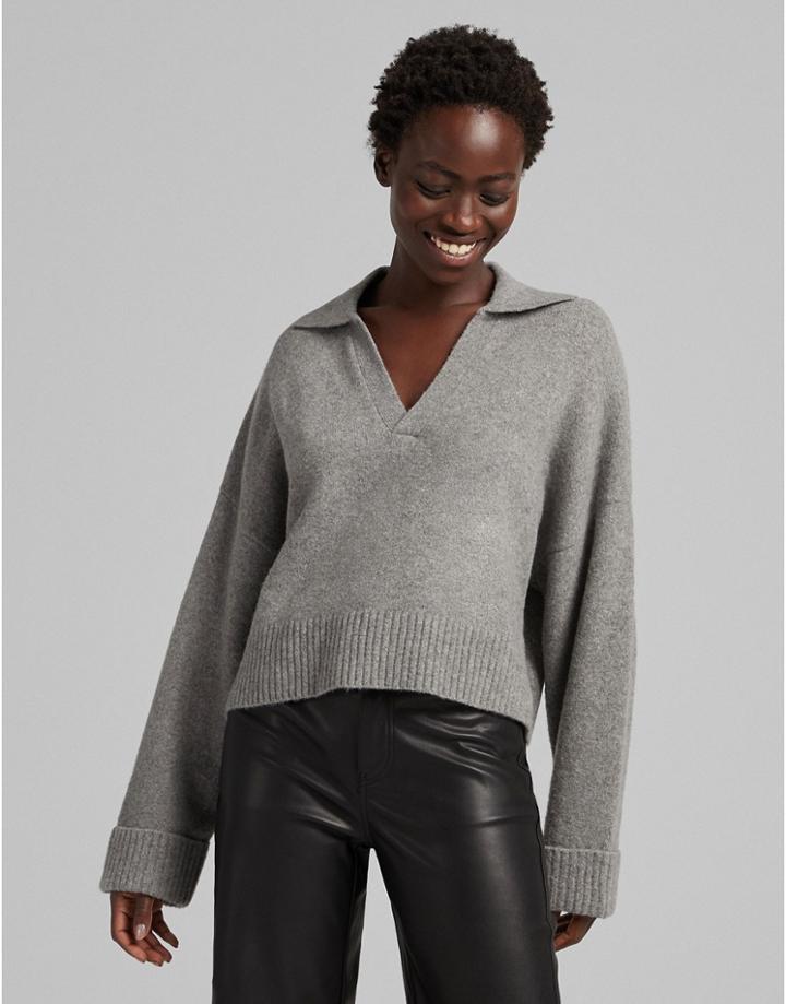 Bershka Polo Collar Detail Sweater In Gray-grey