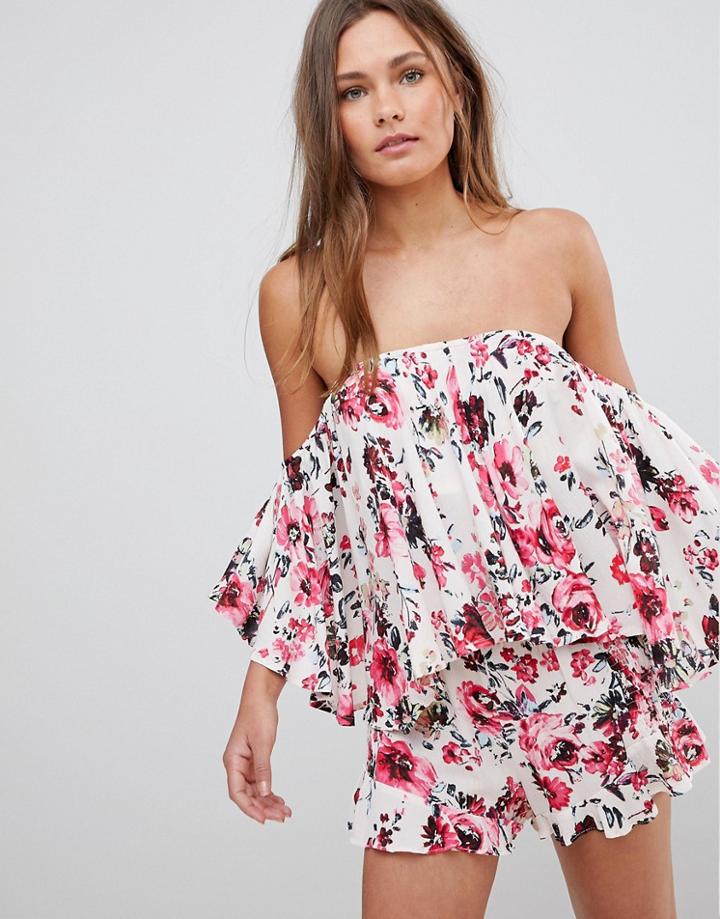 En Creme Cold Shoulder Floral Top With Back Lace Up - Pink