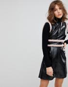 Lost Ink Sleeveless Shift Dress With Contrast Fur Trim In Cracked Vinyl - Black