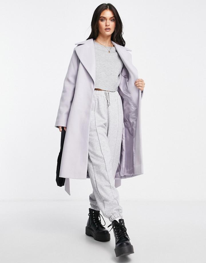 Miss Selfridge Tie Waist Wrap Midi Coat In Lilac-purple