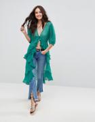 Asos Ultimate Ruffle Maxi Tea Blouse In Chiffon - Green