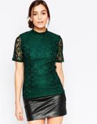 B.young Short Sleeve High Neck Lace Top - Dark Forest