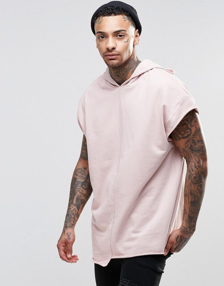 Asos Oversized Short Sleeve Hoodie With Raw Edges & Asymmetric Hem - Rose Dust